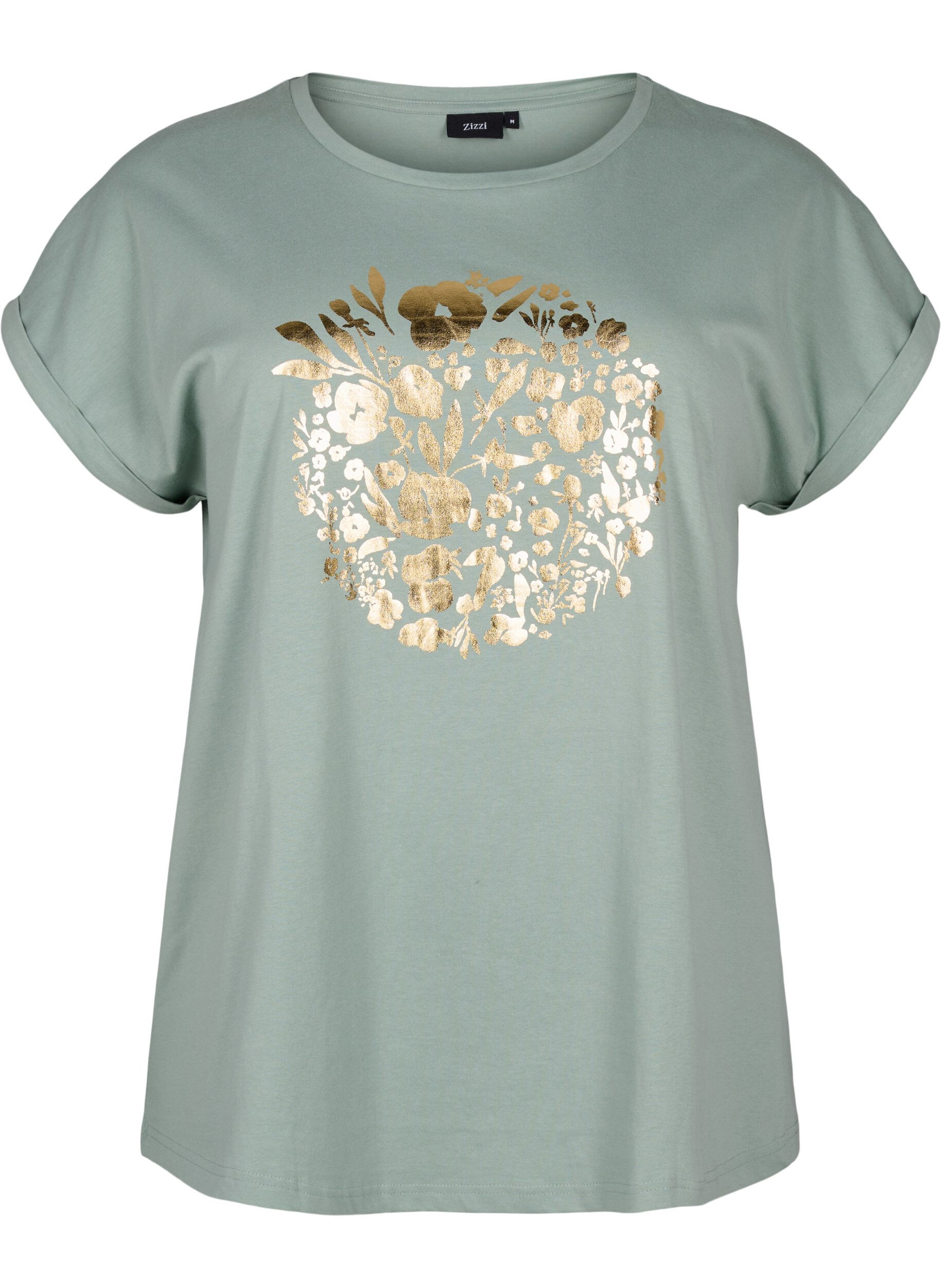 ZizziT-Shirt aus Bio-Baumwolle mit Golddruck, Ch.Green Gold Flower, Packshot image number 0
