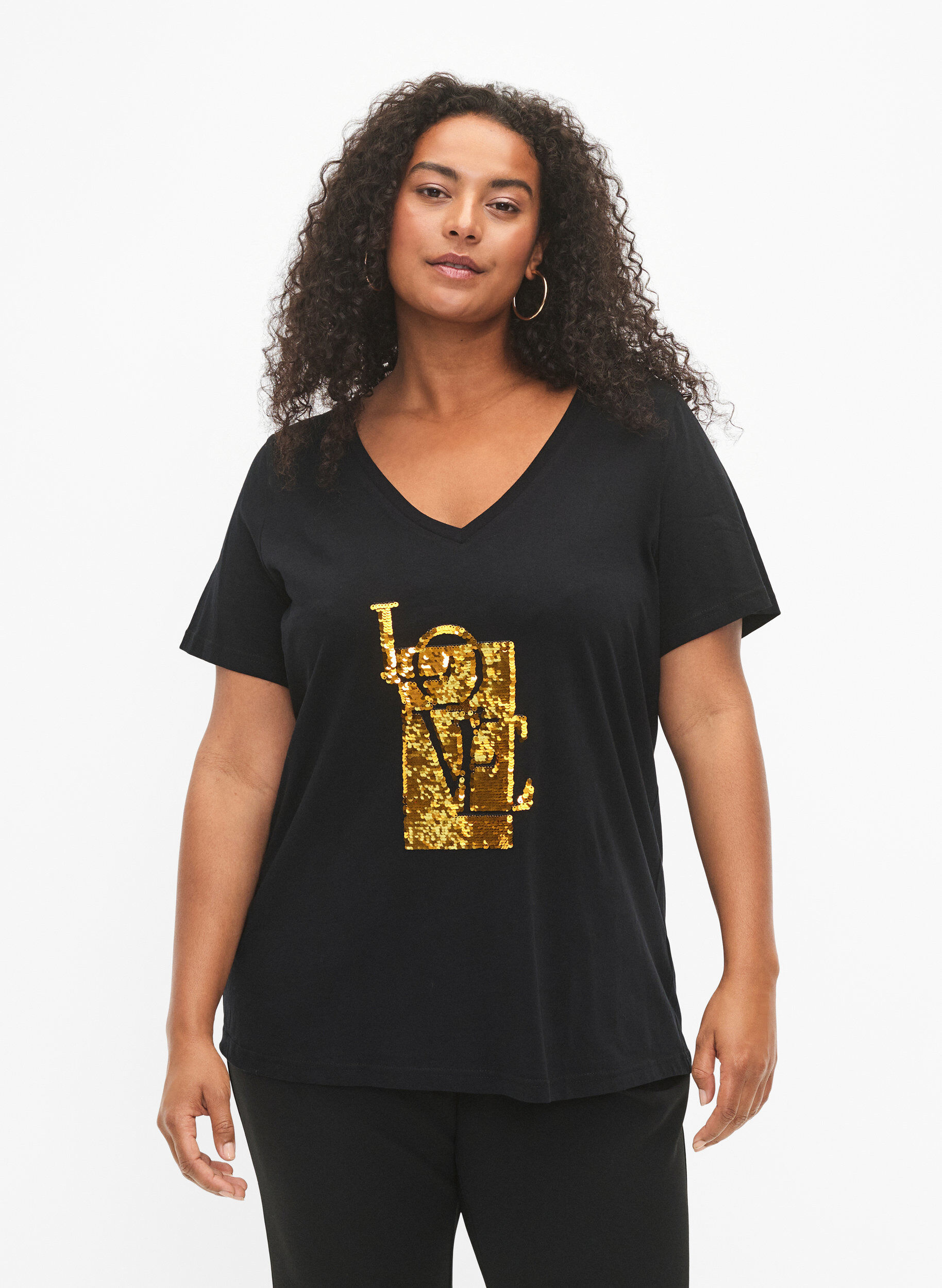 ZizziBaumwoll-T-Shirt mit Pailletten, Black w. Love, Model image number 0