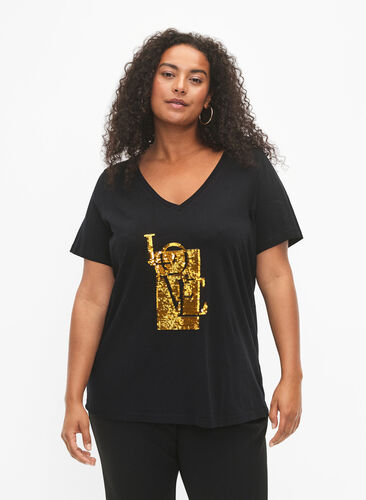 Baumwoll-T-Shirt mit Pailletten, Black w. Love, Model image number 0