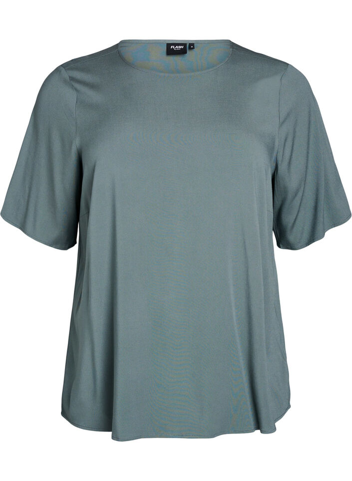 Kurz&auml;rmelige, gewebte Bluse mit Rundhals, Gr&uuml;n, Packshot image number 0