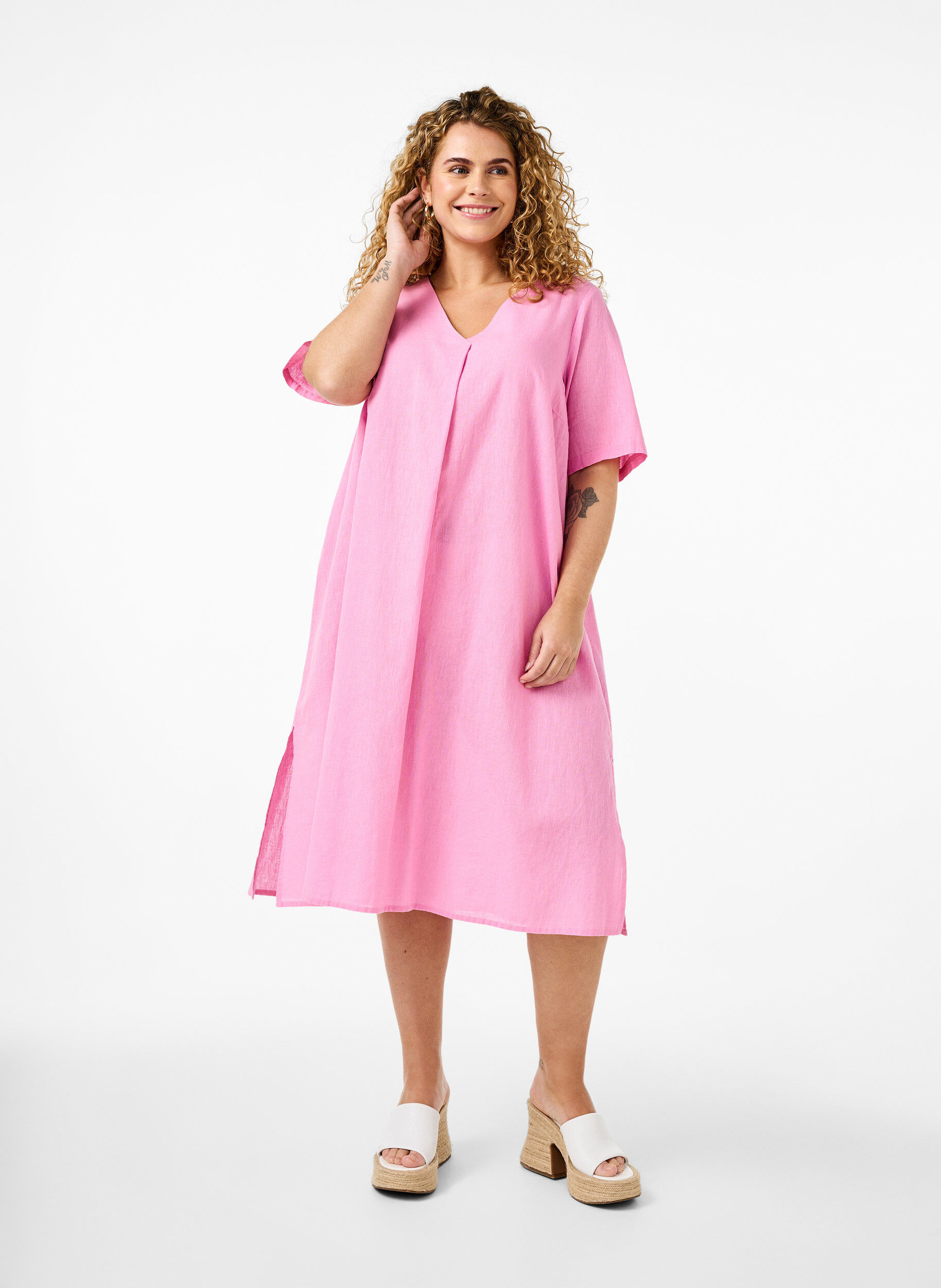 ZizziKaftan-Kleid aus Baumwollmischung mit Leinen, Pink, Model image number 0