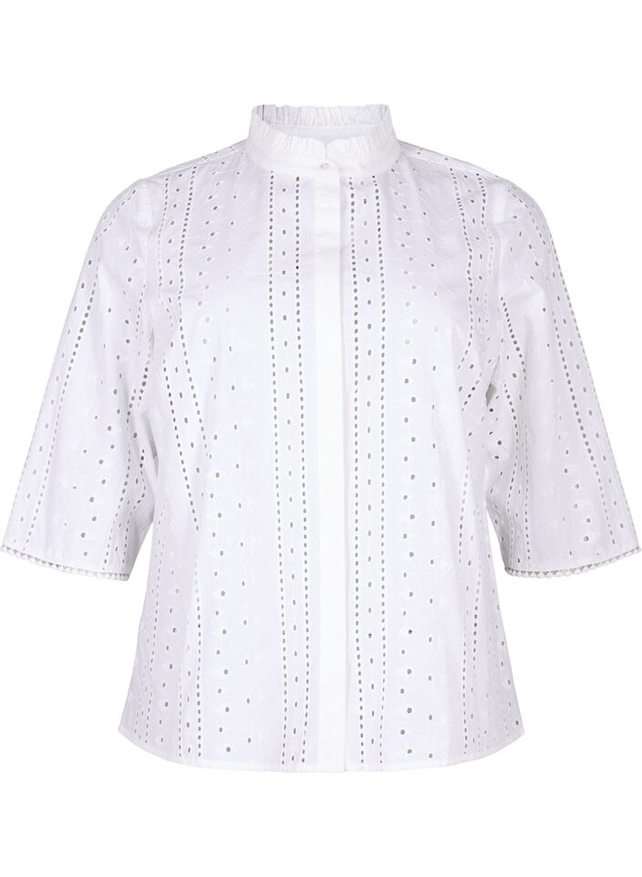 Baumwollshirt mit Lochmuster, Bright White, Packshot image number 0