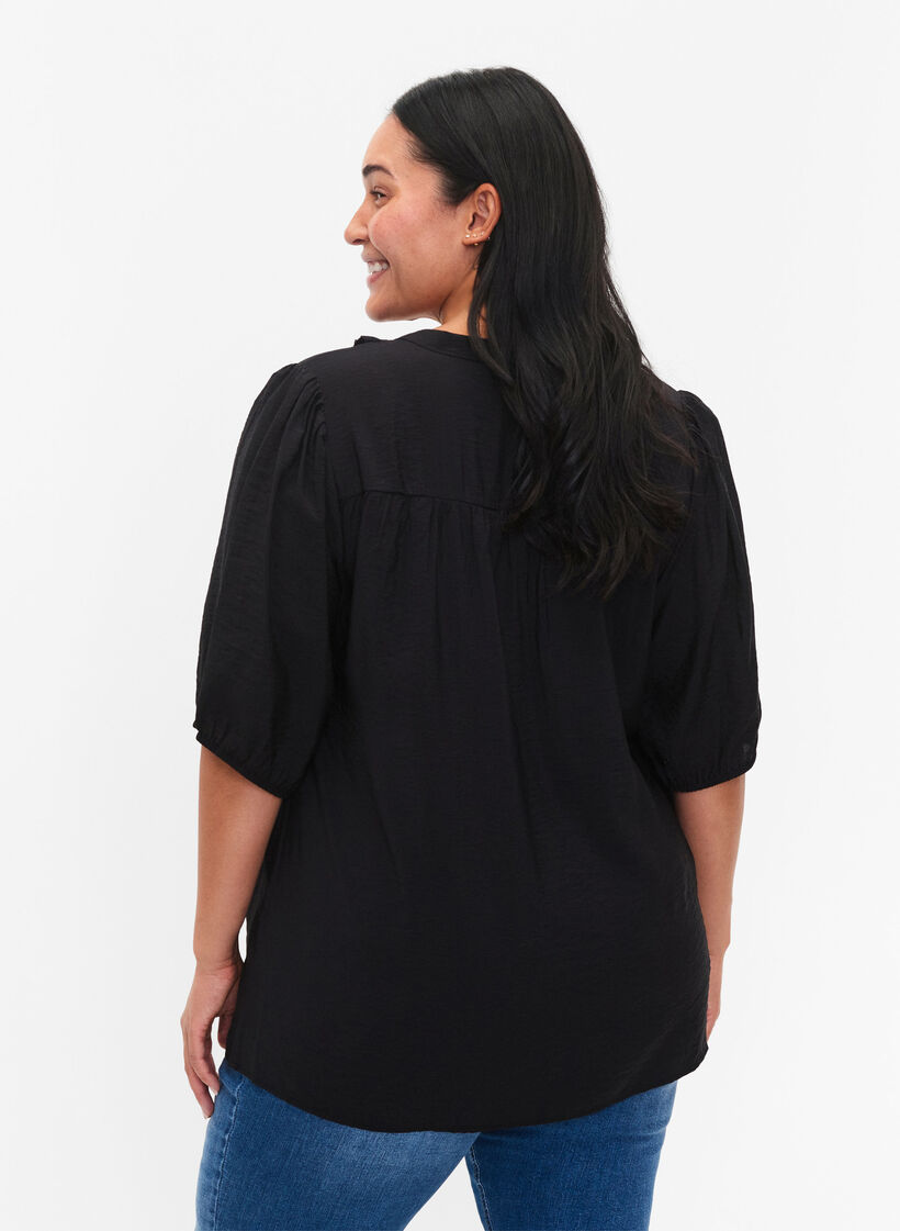 Viskosebluse mit Puffärmeln und Rüschen, Black, Model image number 1