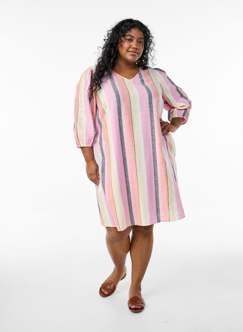 Kleid aus Leinen und Viskose mit 3/4-&Auml;rmeln, Gelb, Model image number 1