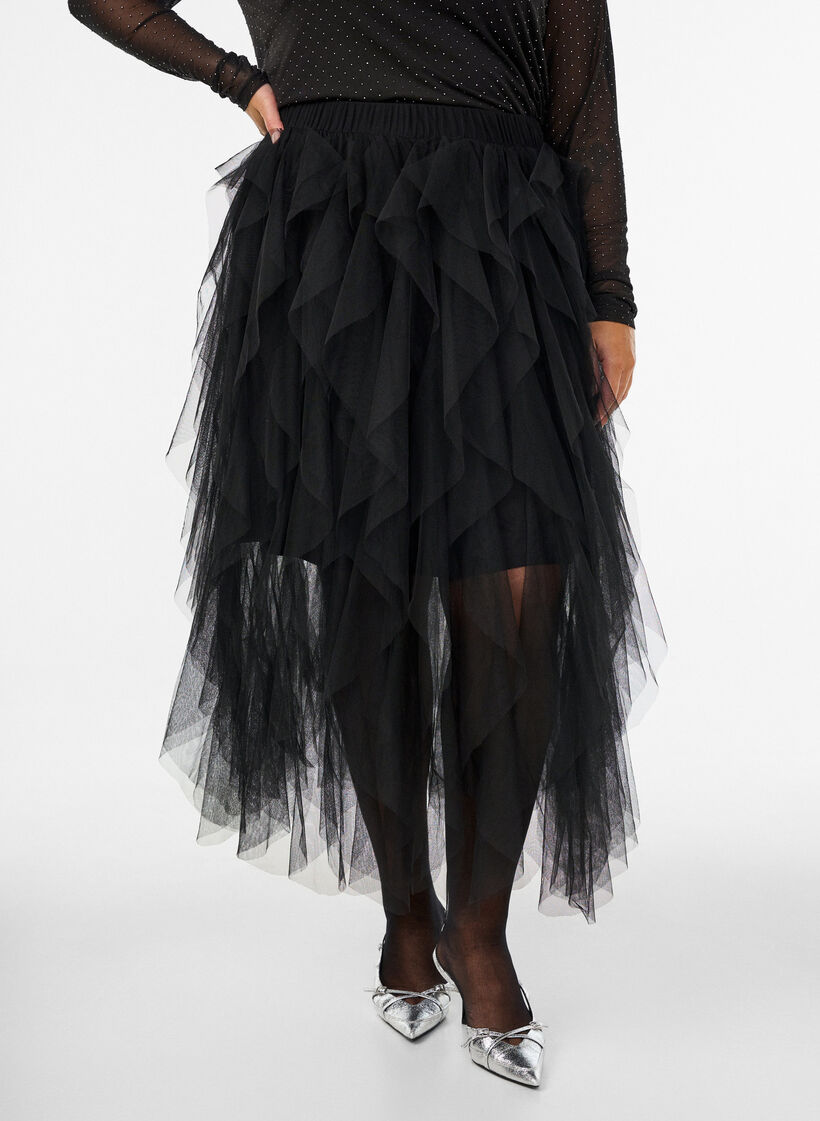 Midi-T&uuml;llrock mit elastischem Bund, Schwarz, Model image number 2