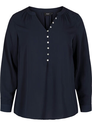 Bluse mit V-Ausschnitt und Knopfdetails, Navy Blazer, Packshot image number 0