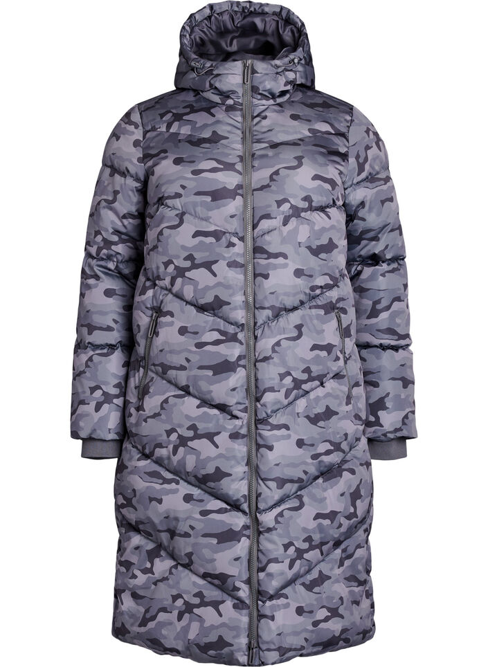 Lange Camouflage-Steppjacke, Grau, Packshot image number 0