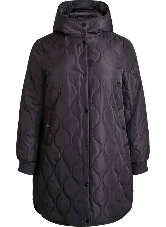 Mittellange Steppjacke mit Kapuze, Schwarz, Packshot image number 0