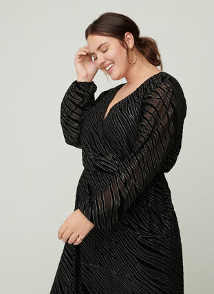 Gemustertes Kleid mit Glitzer und V-Ausschnitt, Black w Glitter, Model image number 1