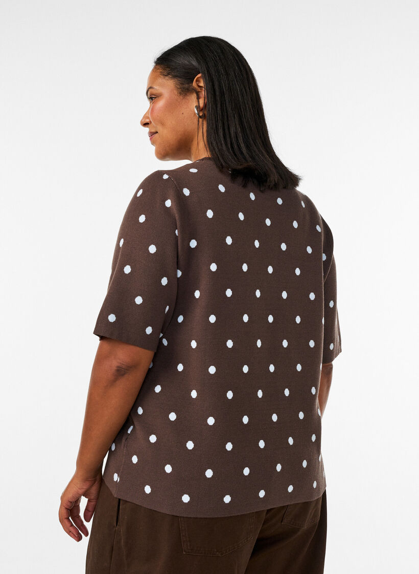 Kurz&auml;rmelige Strickbluse mit Polka Dots, Braun, Model image number 2