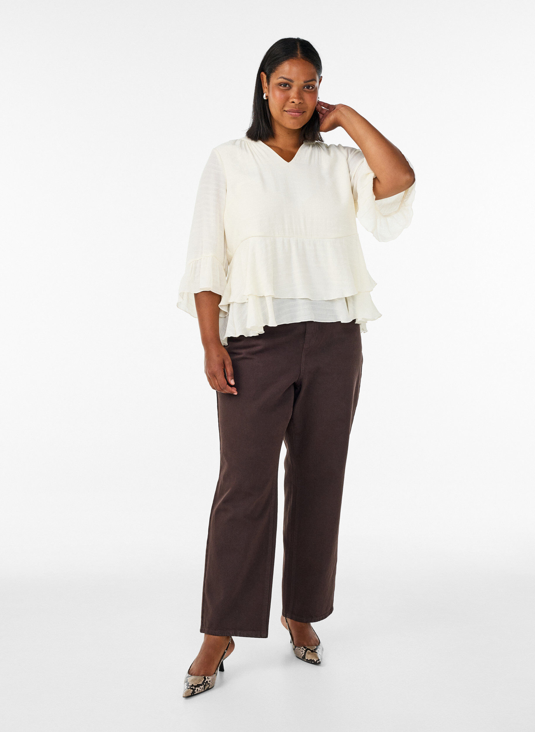 ZizziBluse mit 3/4-&Auml;rmeln und R&uuml;schendetails, Vanille, Model image number 1