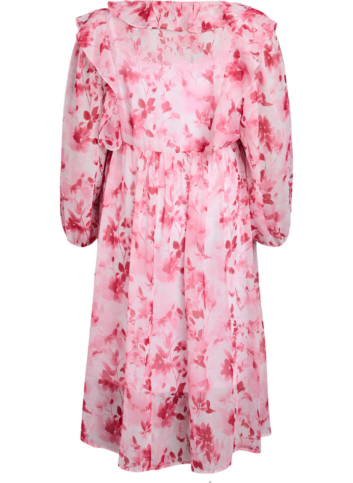 Gebl&uuml;mtes Kleid aus Chiffon mit R&uuml;schen und langen &Auml;rmeln, Pink, Packshot image number 1
