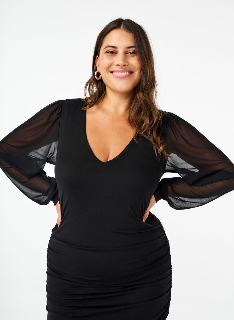 Midikleid aus Mesh mit Drapierungen, Black, Model image number 2