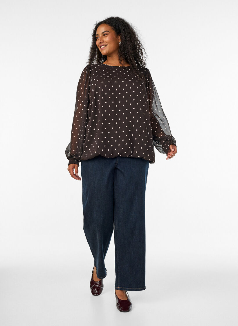 Gepunktete Bluse aus Chiffon mit transparenten &Auml;rmeln, Braun, Model image number 1