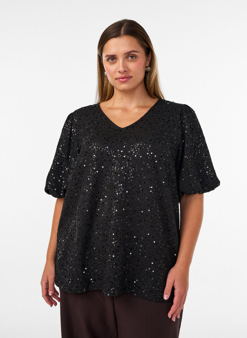 Paillettenbluse mit Ballon&auml;rmeln, Schwarz, Model image number 0