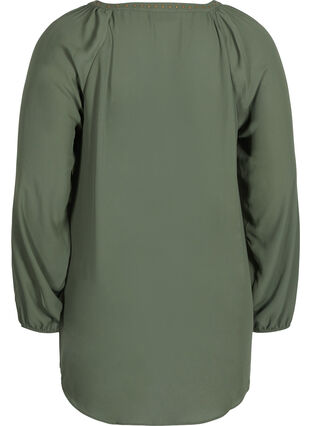 Langarm Bluse mit V-Ausschnitt und Nieten, Thyme, Packshot image number 1