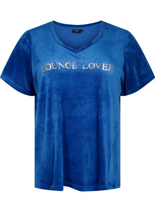 T-Shirt aus Velours mit V-Ausschnitt, Monaco Blue, Packshot image number 0
