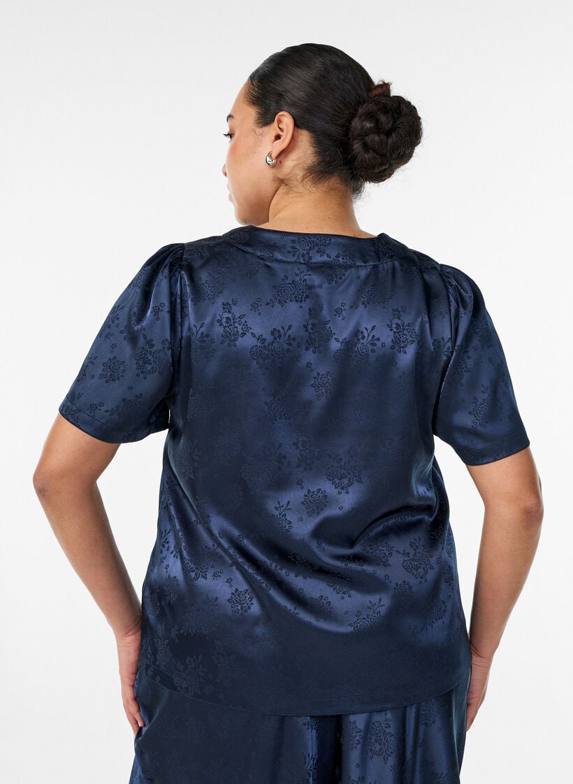 Gebl&uuml;mte Bluse aus Satin mit V-Ausschnitt, Blau, Model image number 1