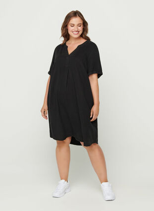 Kurzarm Kleid aus Lyocell, Black, Model image number 2