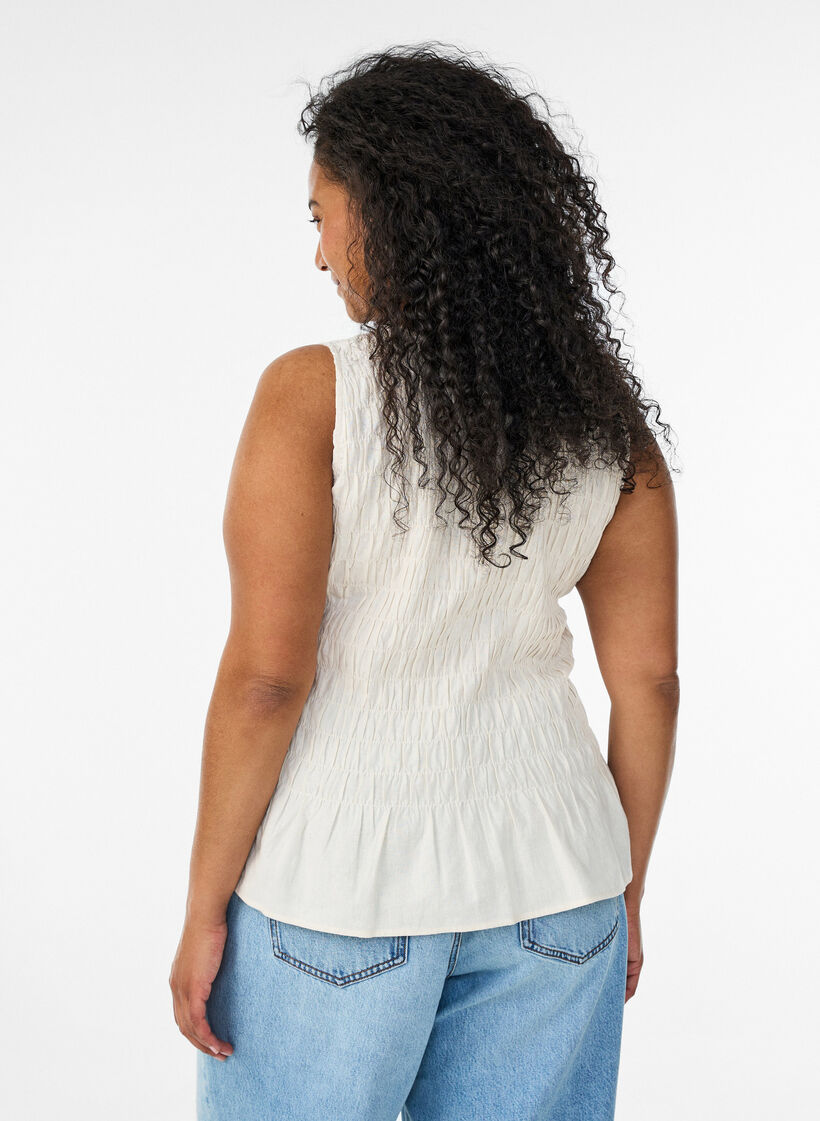 &Auml;rmelloses Top aus Baumwolle und Leinen mit Smock, Vanille, Model image number 2
