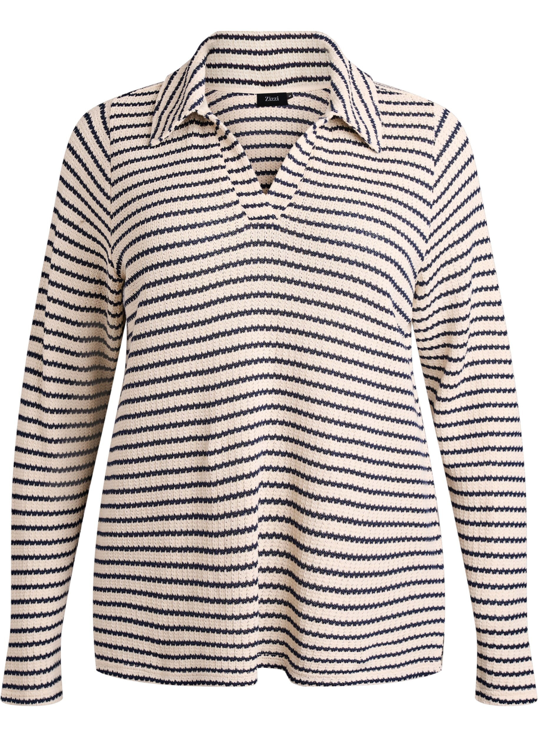 ZizziGestreifte Bluse aus Jersey mit Kragen und V-Ausschnitt, Beige, Packshot image number 0