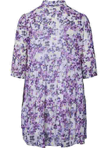 Tunika mit Blumendruck und Lurex, Beige/Purple Flower, Packshot image number 1