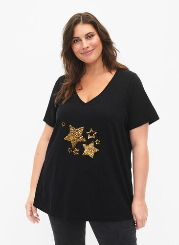 Baumwoll-T-Shirt mit Pailletten, Black W. Star, Model image number 0