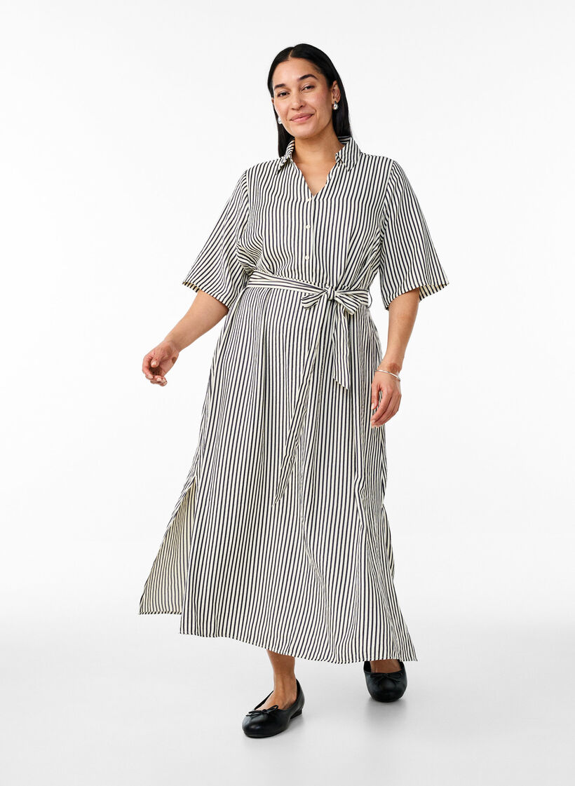 Kn&ouml;chellanges Hemdblusenkleid mit Bindeg&uuml;rtel und Streifen, Schwarz, Model image number 0