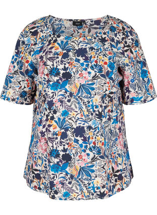 Kurzarm Bluse aus Baumwolle mit Blumenprint, Flower AOP, Packshot image number 0