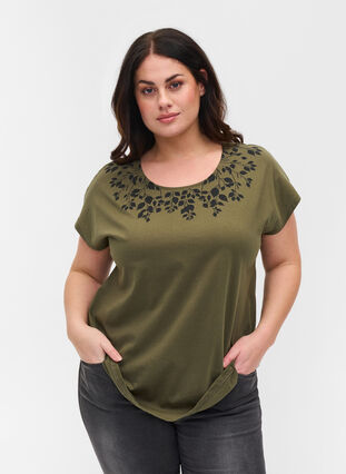 T-Shirt aus Baumwolle mit Printdetails, Ivy Green Mel Leaf, Model image number 0