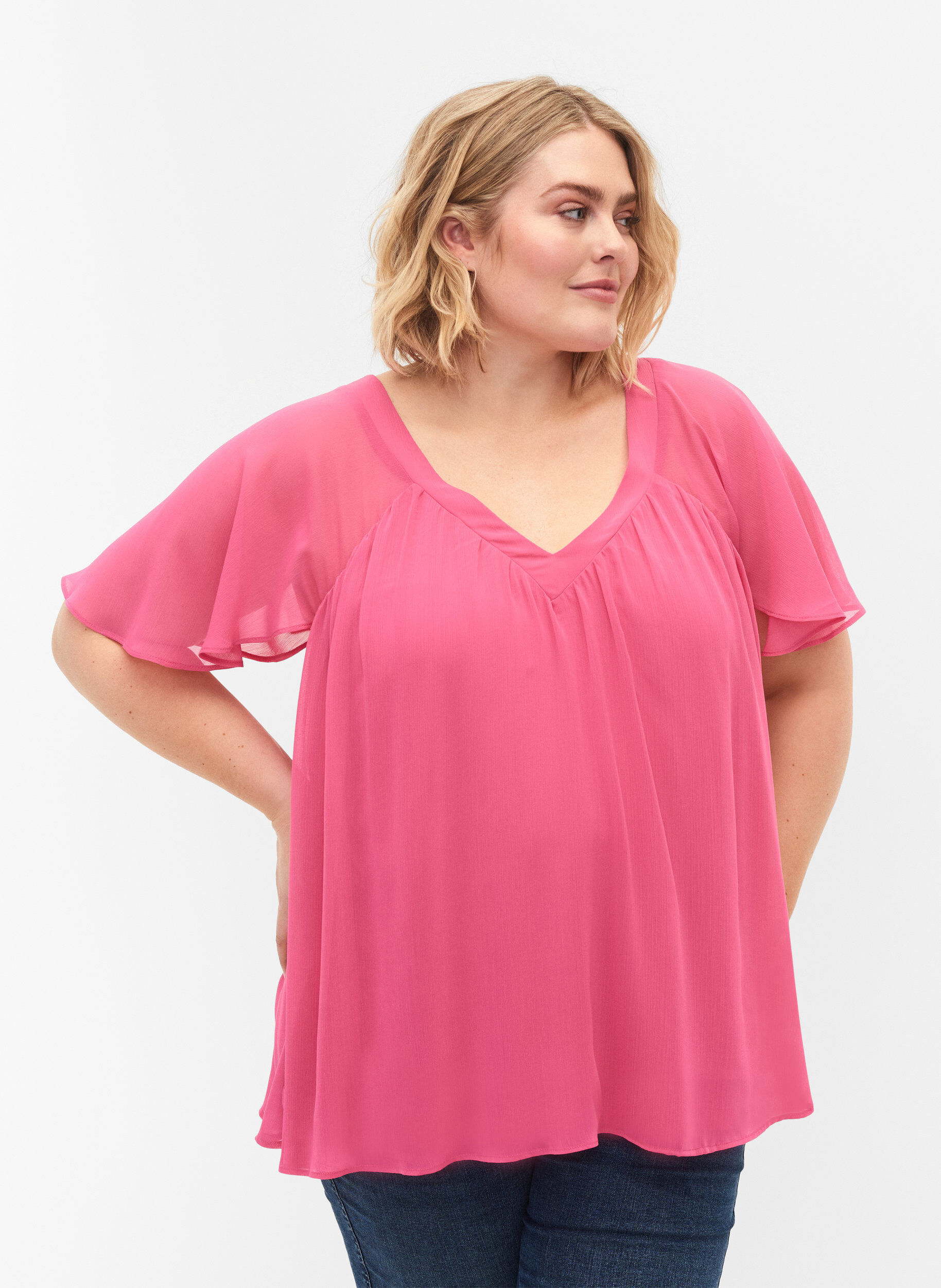 ZizziEinfarbige Bluse mit Fledermaus&auml;rmeln und V-Ausschnitt, Shocking Pink, Model image number 0