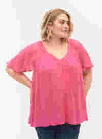 Einfarbige Bluse mit Fledermausärmeln und V-Ausschnitt, Shocking Pink, Model