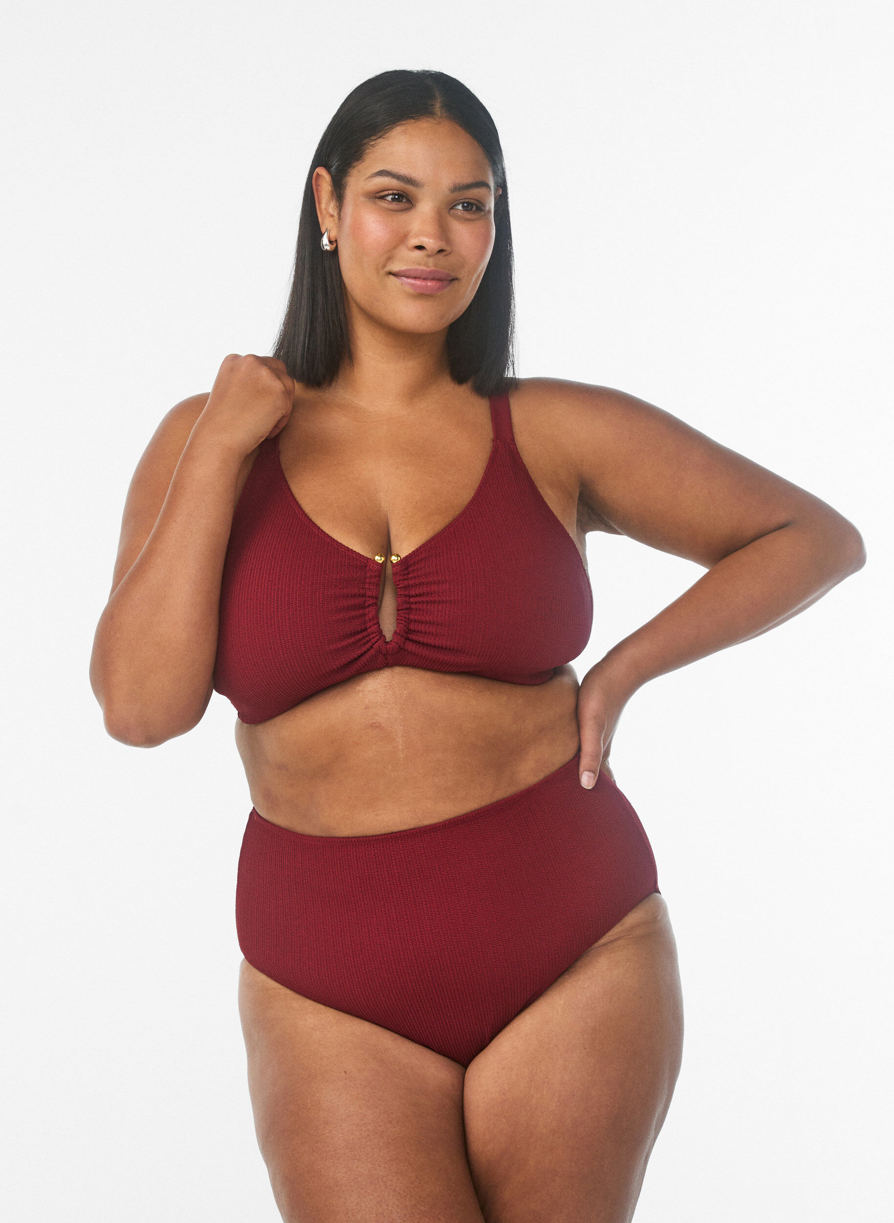 ZizziHoch taillierte Bikinihose mit Struktur, Rot, Model image number 0