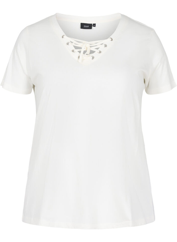 T-Shirt aus Bio-Baumwolle mit Schnüren Details, Warm Off-white, Packshot image number 0