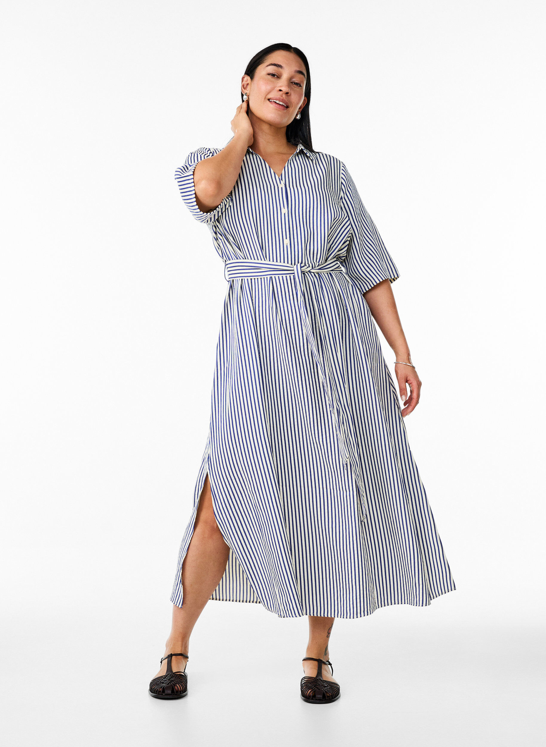 ZizziKn&ouml;chellanges Hemdblusenkleid mit Bindeg&uuml;rtel und Streifen, Blau, Model image number 0