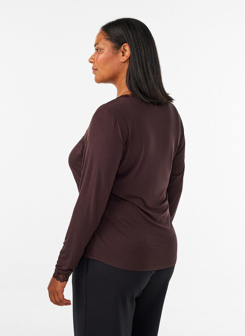 Bluse aus Viskose mit Spitzen und V-Ausschnitt, Braun, Model image number 2