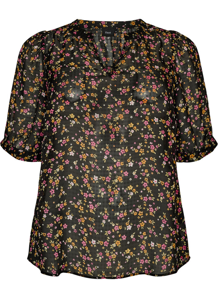 Gebl&uuml;mte Bluse mit V-Ausschnitt, Schwarz, Packshot image number 0