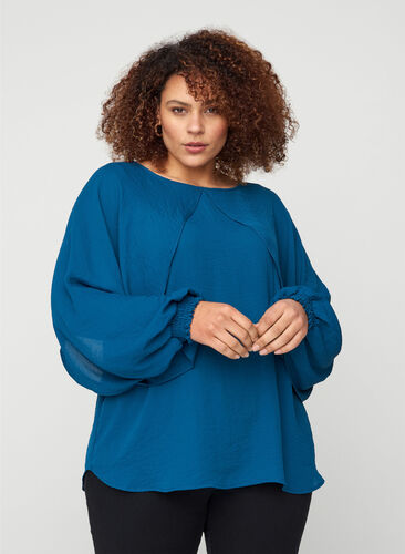 Bluse mit Ballonärmeln und Smock, Majolica Blue, Model image number 0