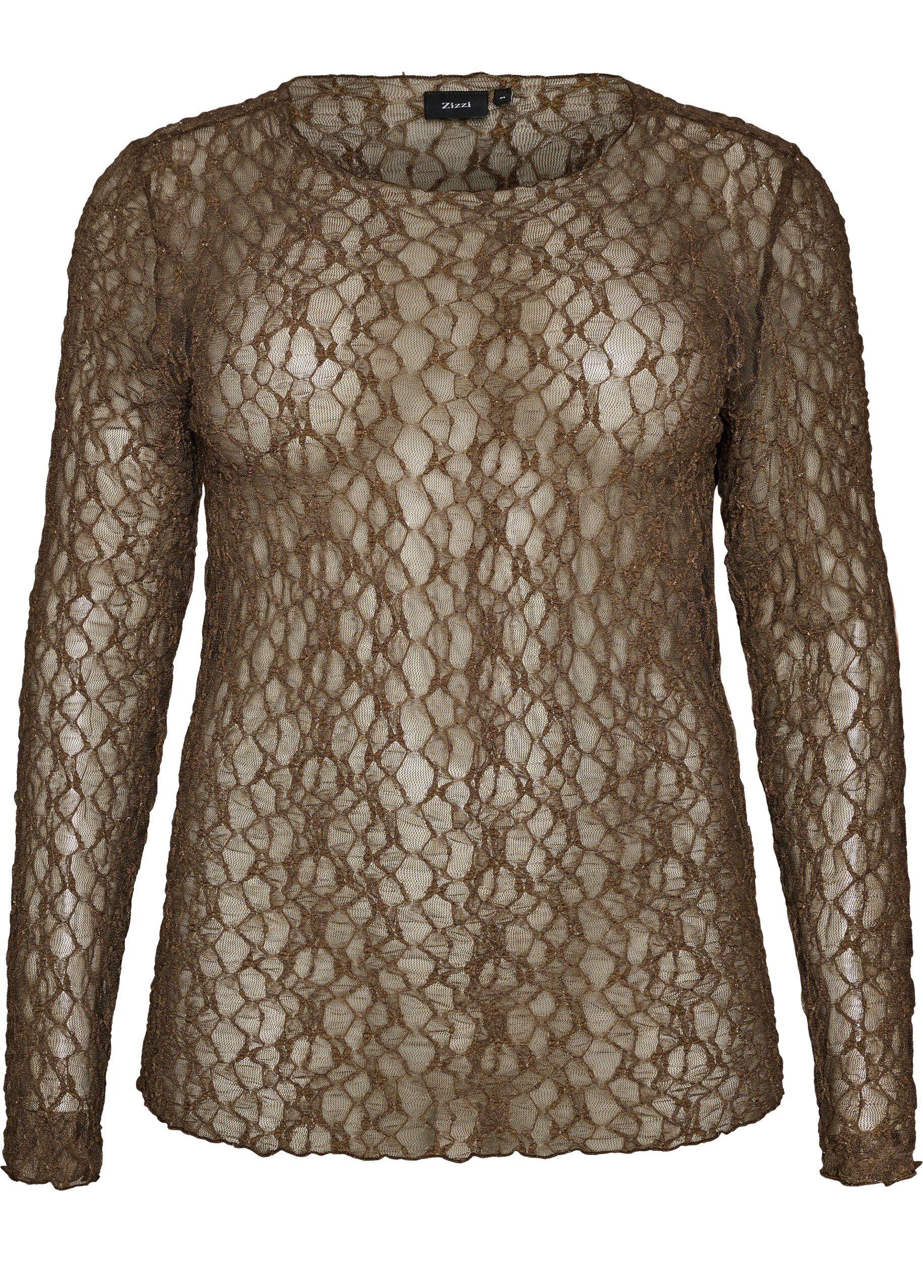 ZizziBluse aus Mesh mit Muster und Glitzerfaden, Braun, Packshot image number 0