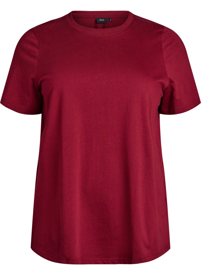 Basic-T-Shirt aus Baumwolle mit Rundhalsausschnitt, Dunkles Bordeaux, Packshot image number 0