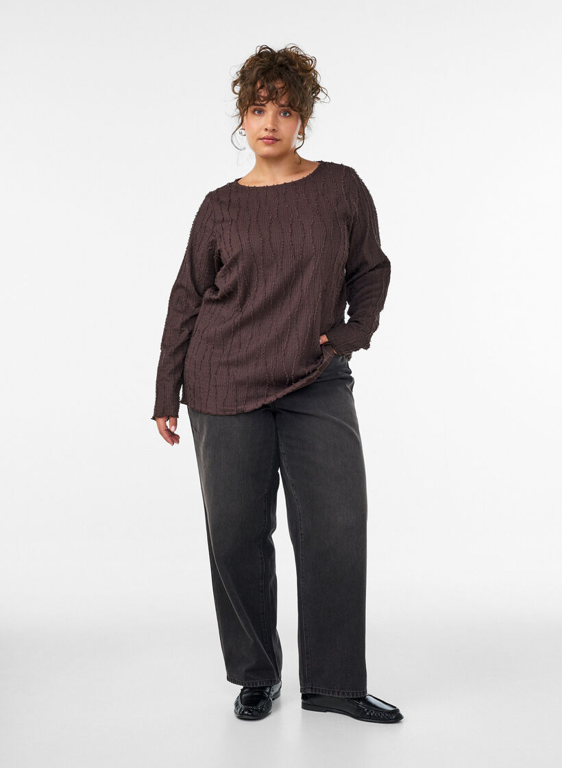 Bluse aus Jersey mit welliger Struktur, Braun, Model image number 1