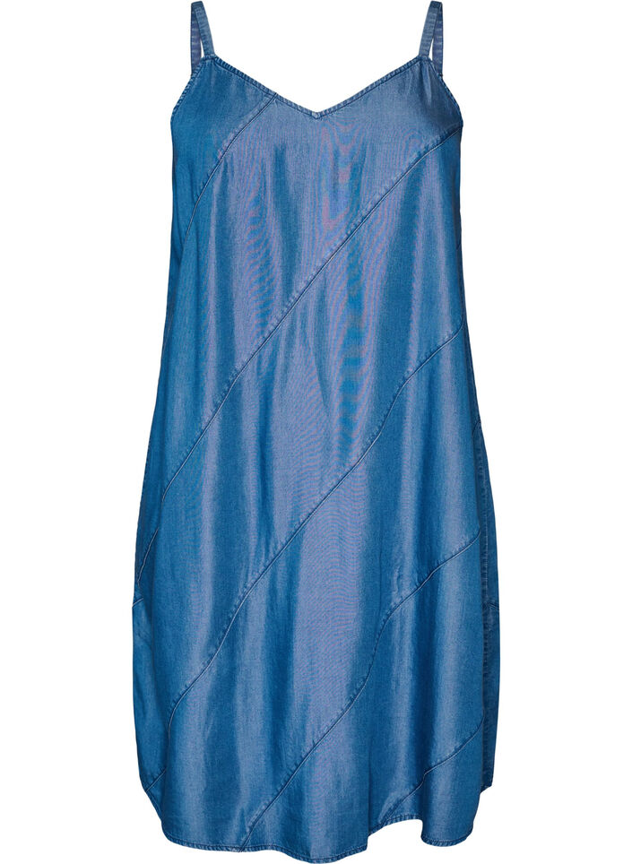 Kleid in Denim-Optik aus TENCEL&trade; Lyocell mit Tr&auml;gern, Blau, Packshot image number 0