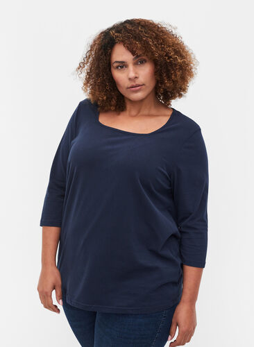 Einfarbiges T-Shirt aus Baumwolle mit 3/4-Ärmeln, Navy Blazer, Model image number 0