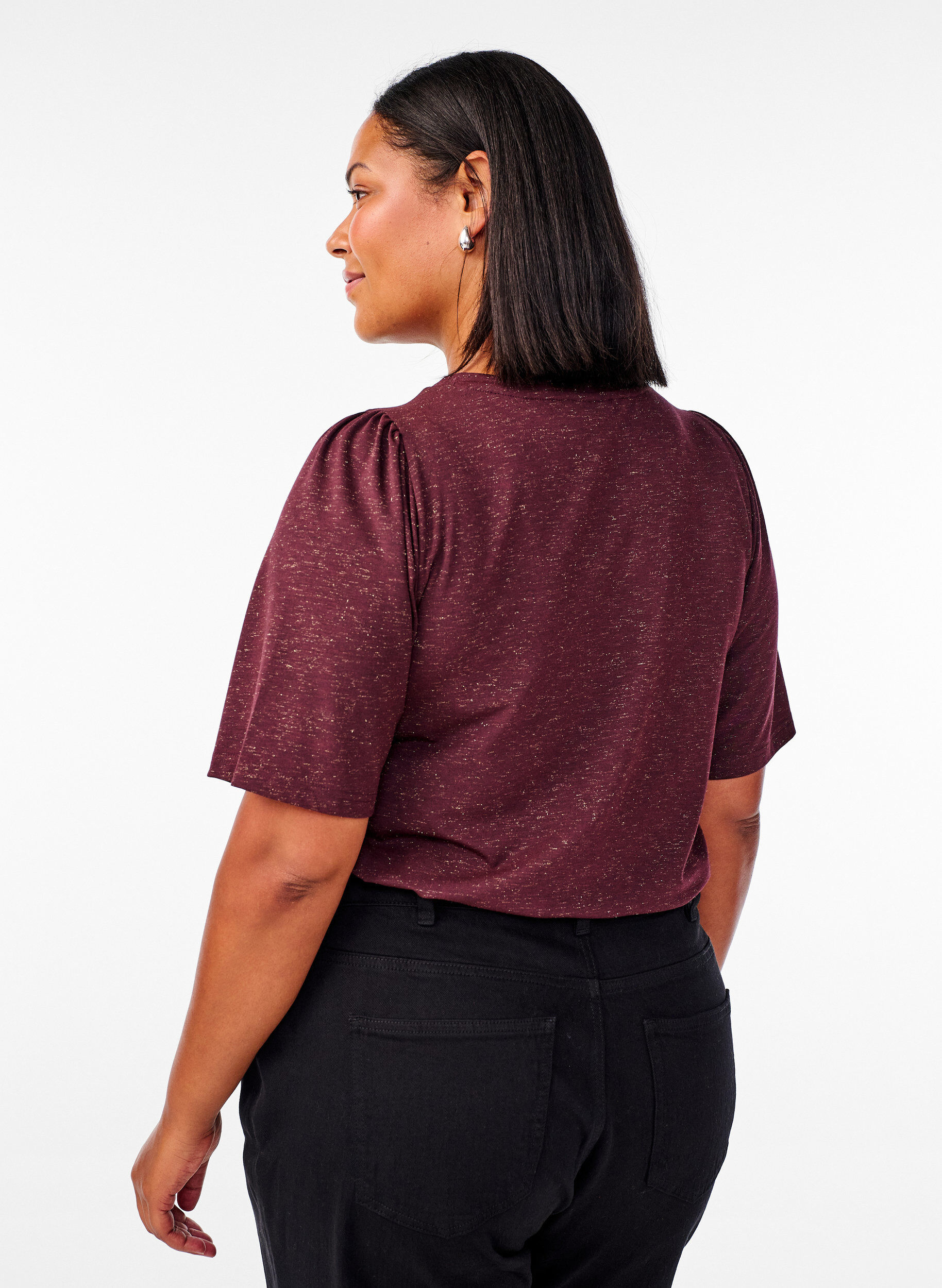 ZizziT-Shirt mit Glitzer und kurzen Puff&auml;rmeln, Dunkles Bordeaux, Model image number 2