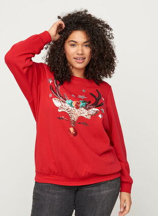 Weihnachtssweatshirt mit Pailletten, Tango Red, Model image number 0