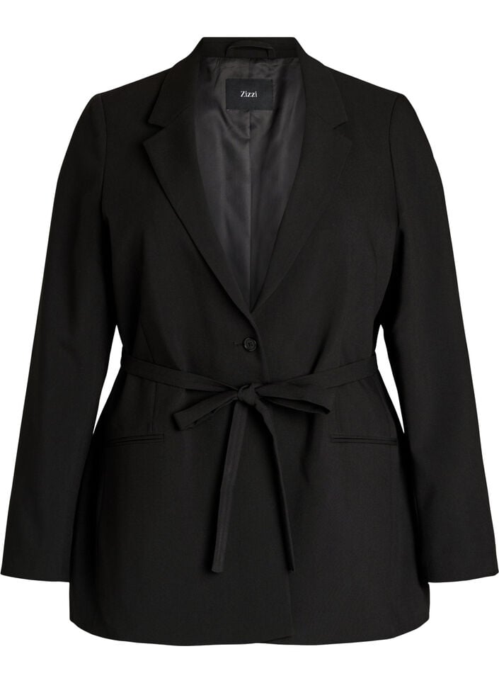Blazer mit abnehmbarem Bindeg&uuml;rtel, Schwarz, Packshot image number 0
