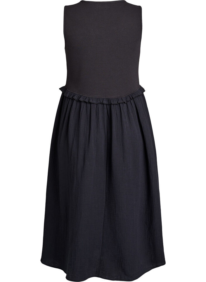 &Auml;rmelloses Midikleid aus Baumwolle mit Ripp und Musselin, Schwarz, Packshot image number 1