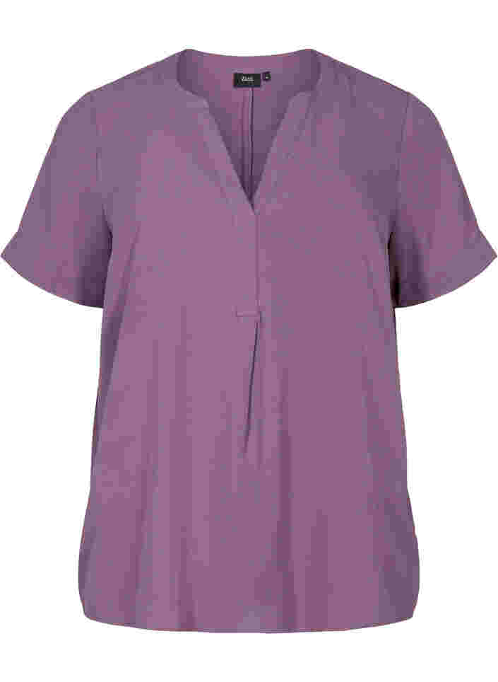 Kurzärmelige Bluse mit V-Ausschnitt, Vintage Violet, Packshot image number 0