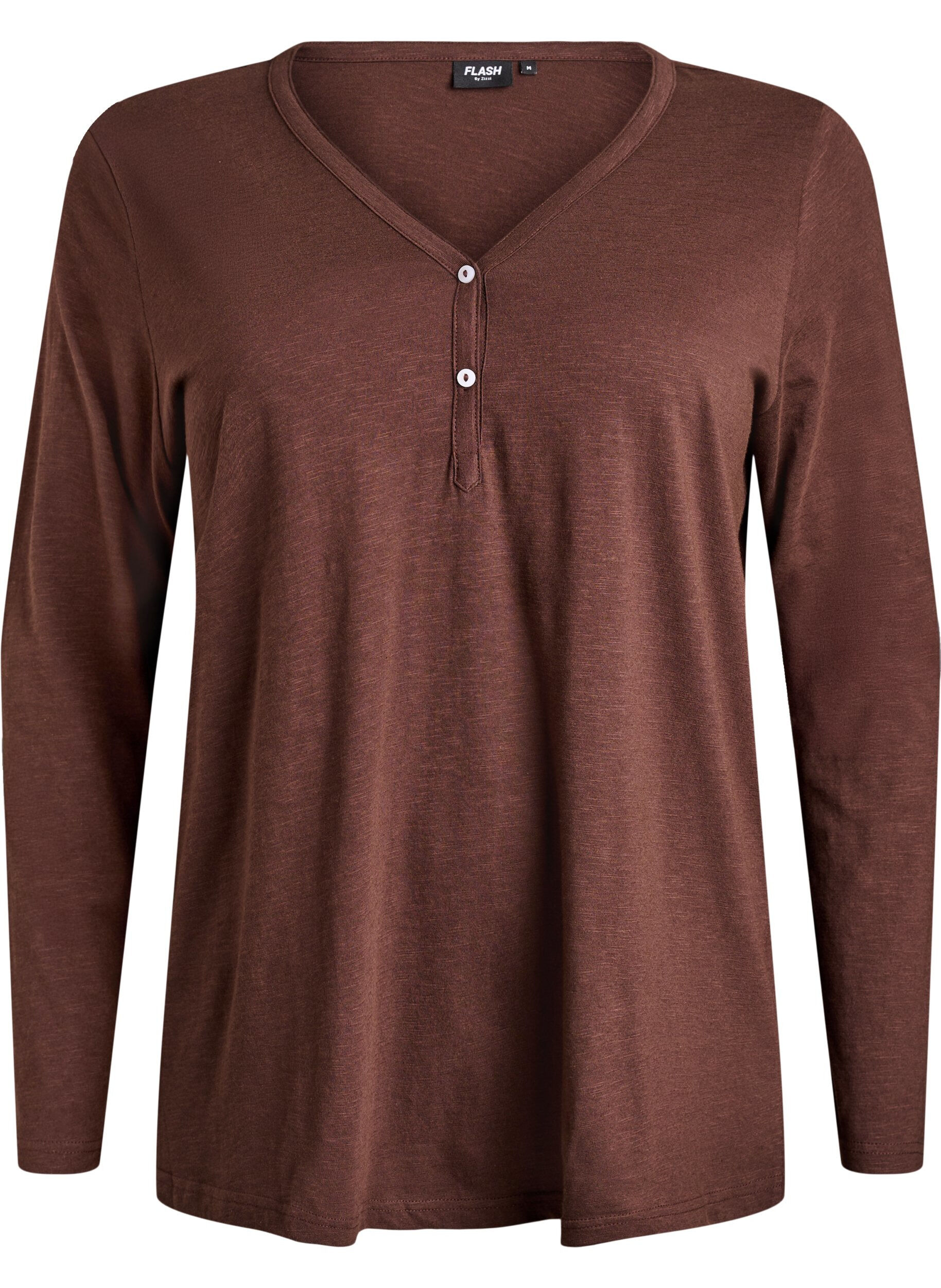 ZizziLangarmshirt mit V-Ausschnitt und Kn&ouml;pfen, Braun, Packshot image number 0