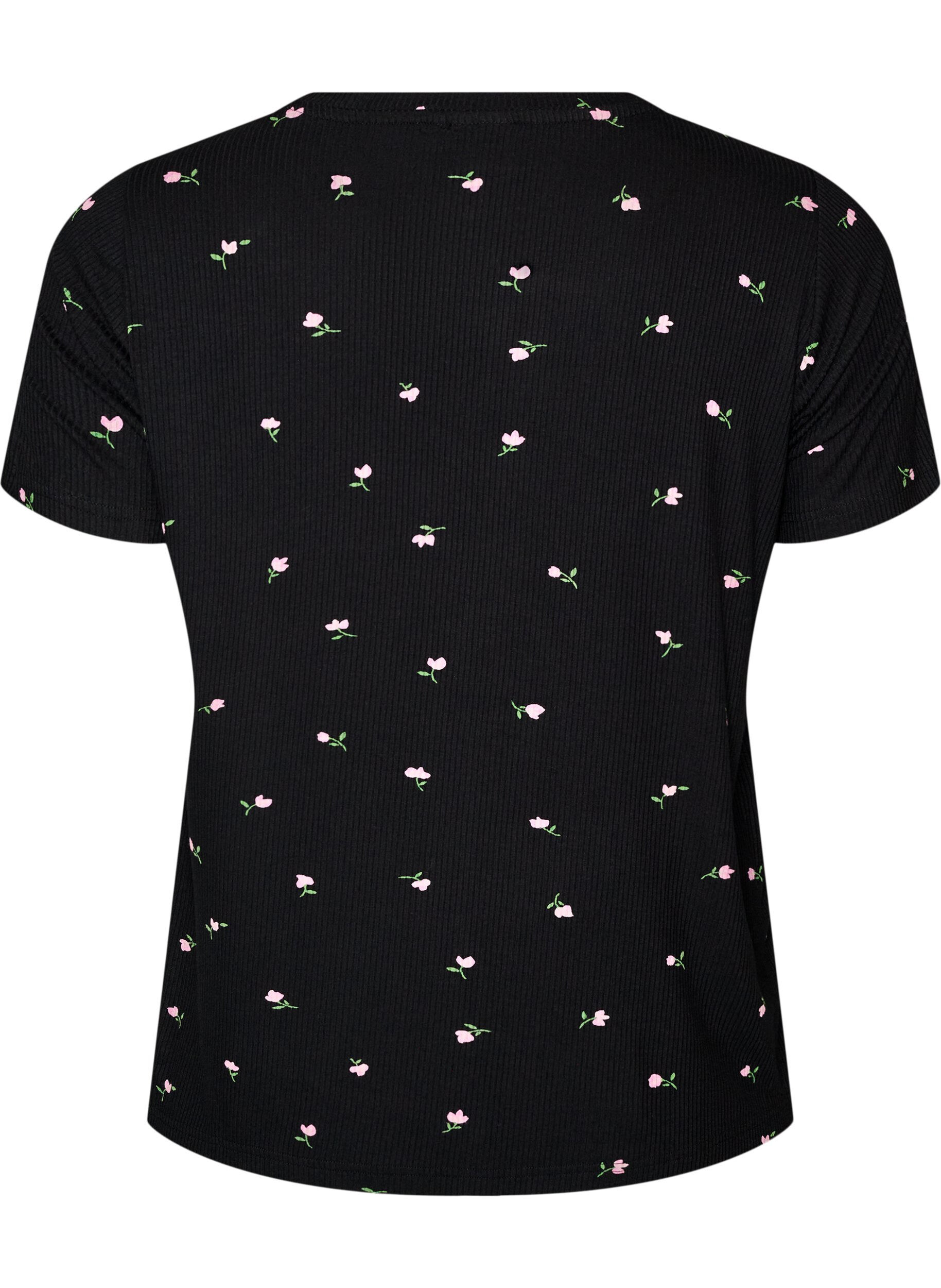 ZizziGebl&uuml;mtes Pyjamaoberteil mit Rippstruktur, Schwarz, Packshot image number 1